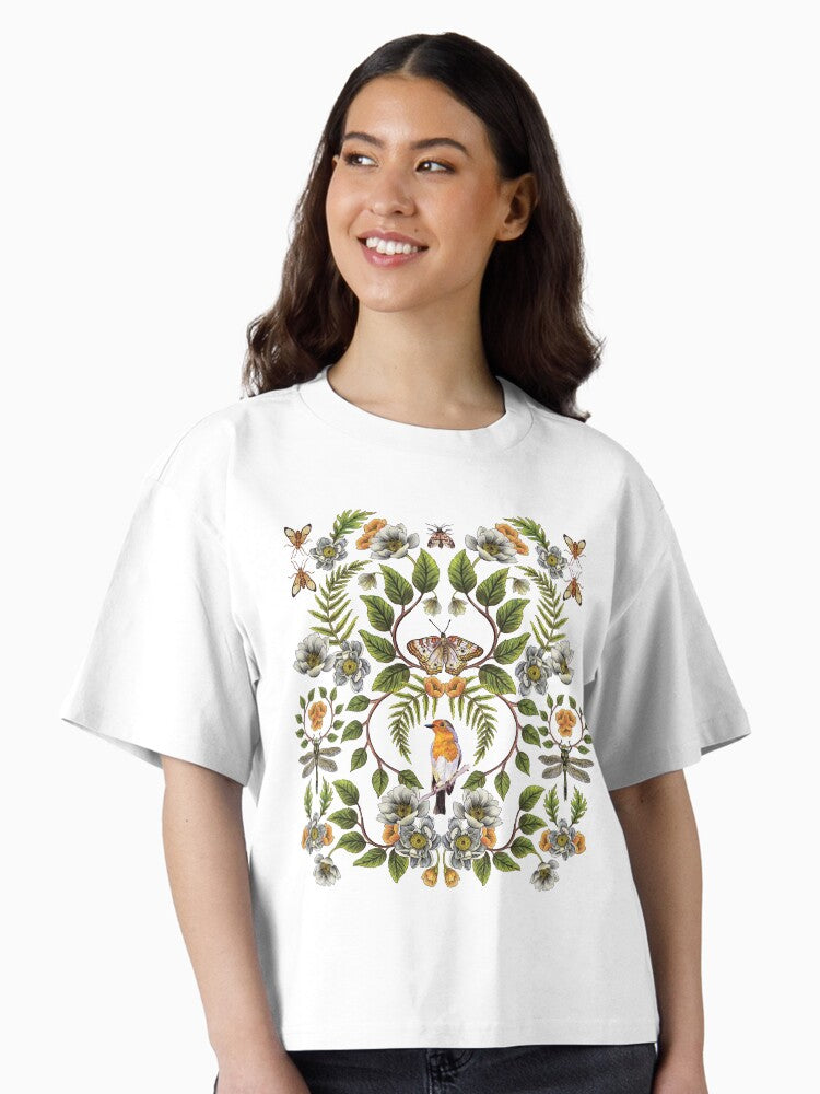 Spring Reflection Floral Botanical Pattern w Birds Moths Dragonflies Flowers Boxy T Shirt Boxy T Shirt Viral TikTok