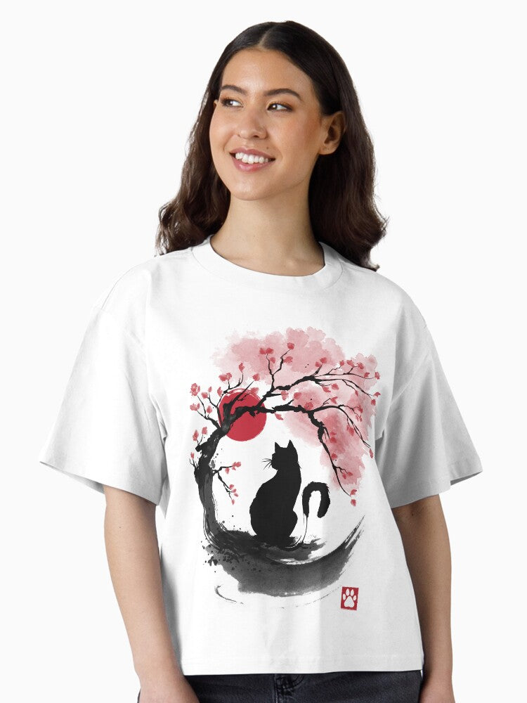 Sakura cat sumi e Boxy T Shirt Boxy T Shirt Trending US Boxy Fit
