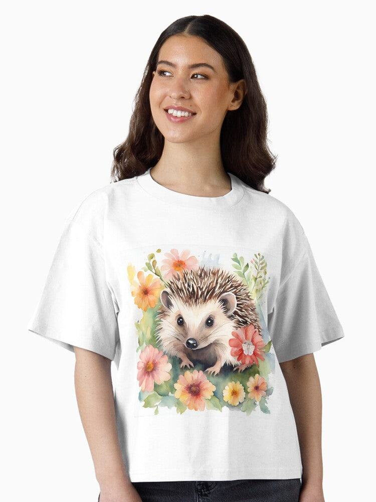 Watercolor Hedgehog with Flowers Boxy T Shirt Boxy T Shirt High Search Demand Relaxed Style