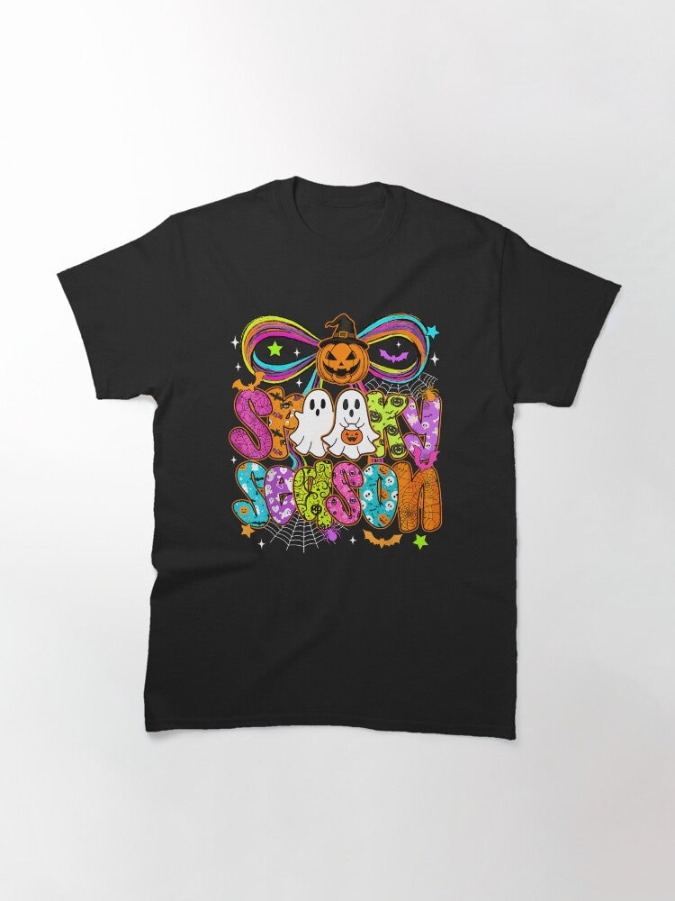 Preppy Spooky Season Pumpkin Ghost Coquette Bow Neon Girly Classic T Shirt