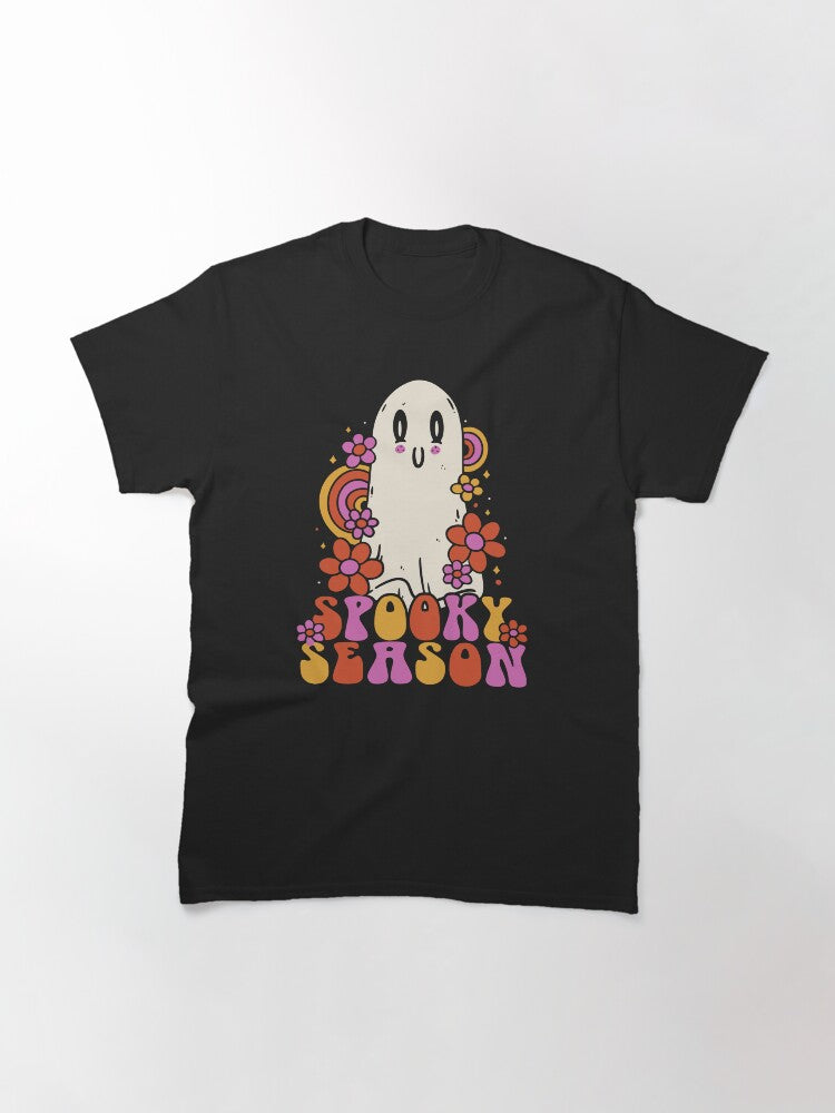 Retro Ghost Hippie Halloween Spooky Season Floral 70s Classic T Shirt