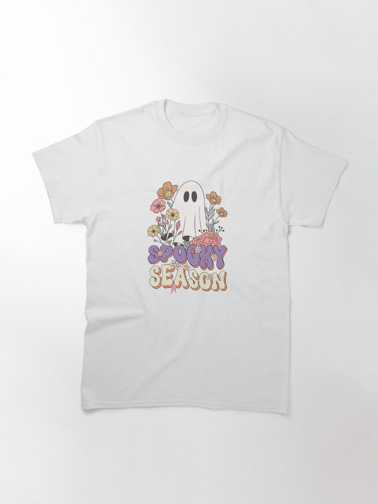 Spooky Season Cute Ghost With Flowers Retro Halloween Desgin Classic T Shirt