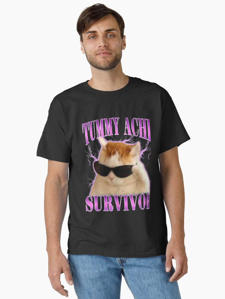 Tummy Ache Survivor Funny Cat Meme Animals Lover Men Women Classic T-Shirt | Premium Unisex T-Shirt, Trending Graphic Tee