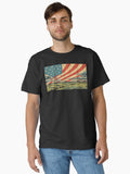 Vintage Retro Comic Styled Patriotic American Flag over Landscape Classic T Shirt T Shirt Comfort Fit Fan Favorite