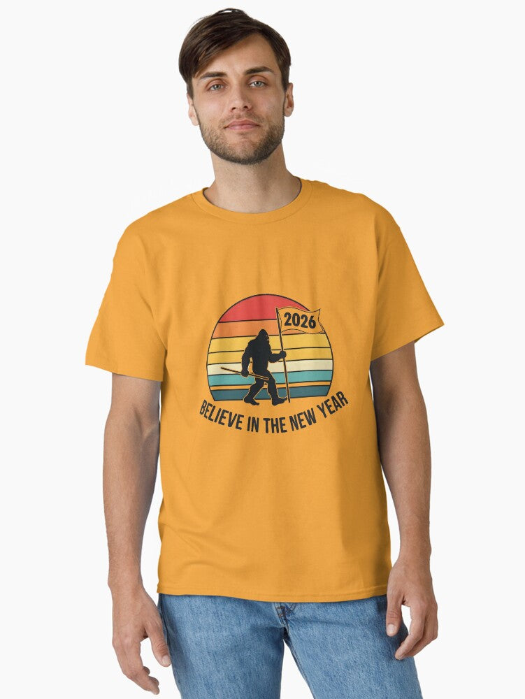 Believe In The New Year 2026 Bigfoot Sasquatch Retro Sunset Flag Classic T Shirt T Shirt Trending US Daily Wear