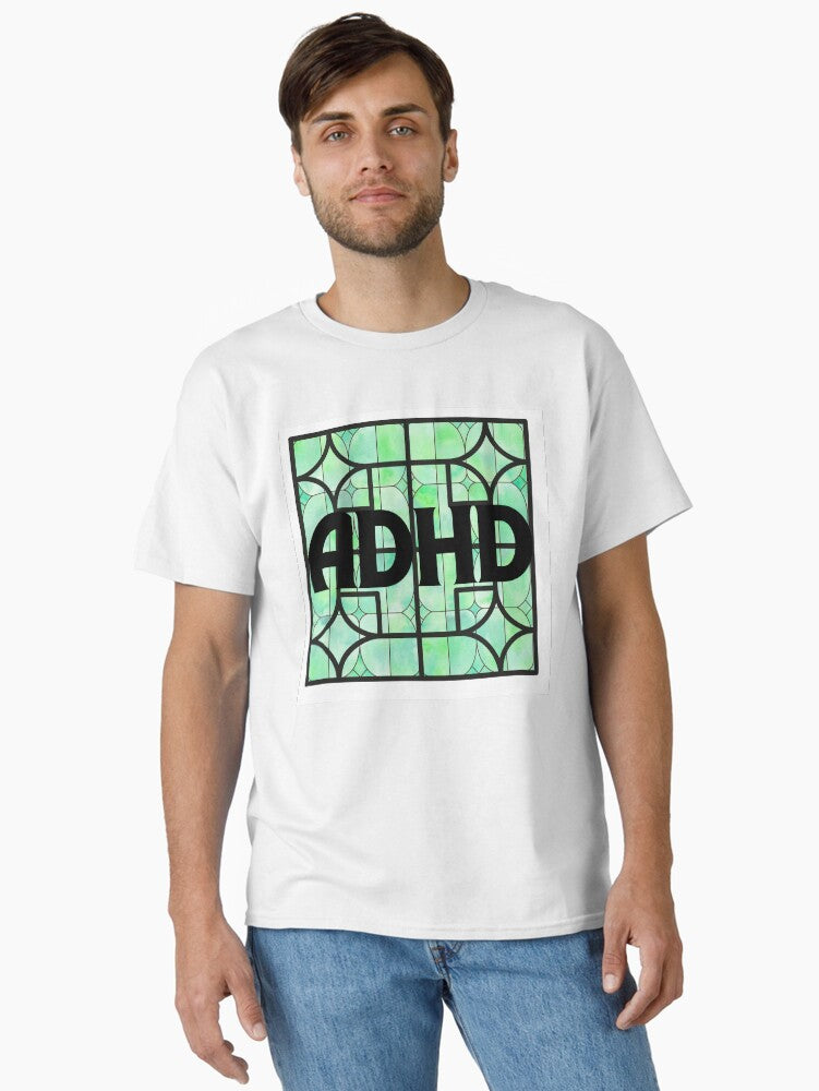 ADHD Stained Glass Typography – Green Abstract Neurodivergent Art Classic T-Shirt