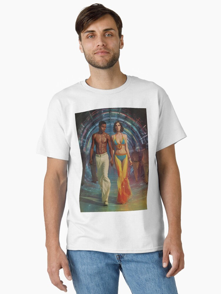 Retro Futurism 70s Disco Couple in Psychedelic Light Tunnel Classic T-Shirt | Premium Unisex T-Shirt, Trending Graphic Tee