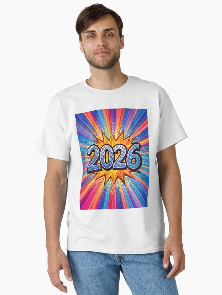 2026 Pop Explosion Vibrant Retro Comic Burst Classic T Shirt T Shirt Premium Print New Year Trend