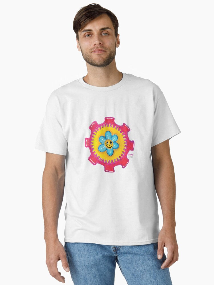 Flower Doodle Smiley Face Gears Geartopia Gear Art by MeganAroon Classic T Shirt T Shirt Comfort Fit Daily Wear