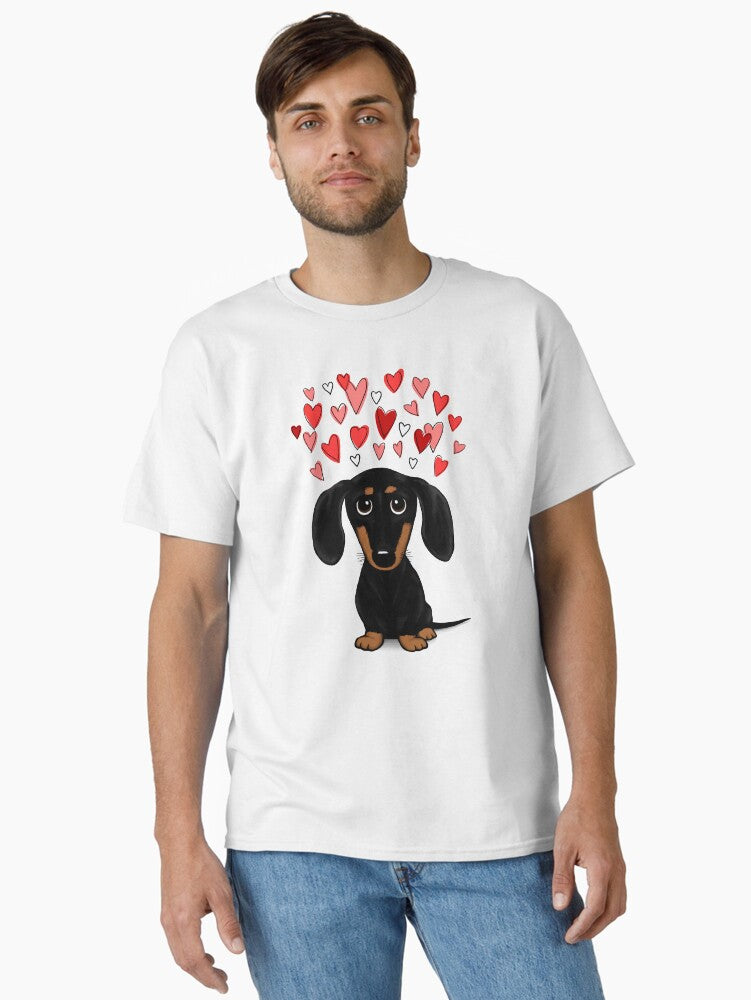 Dachshund with Valentine Hearts Cute Black and Tan Wiener Dog Classic Shirt T Shirt Minimal Style