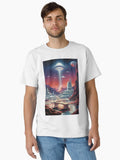 Retro futurism art of UFO over city Classic T-Shirt | Premium Unisex T-Shirt, Trending Graphic Tee