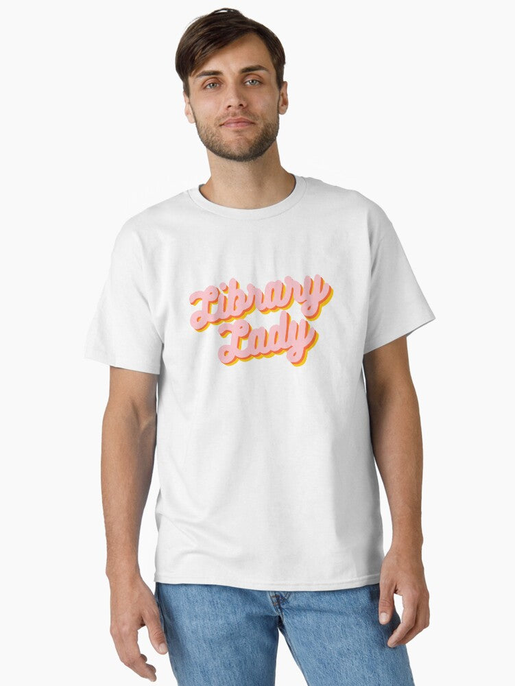 Retro Library Lady Design in Pink Yellow Orange Classic T Shirt T Shirt Aesthetic Fit Hot Search US