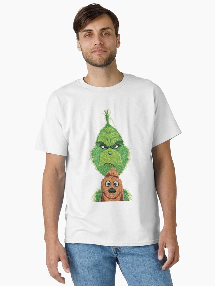 Grinch Embroidery Style with Cute Dog Christmas Sticker Classic T Shirt T Shirt Holiday Trending Christmas Season Pick