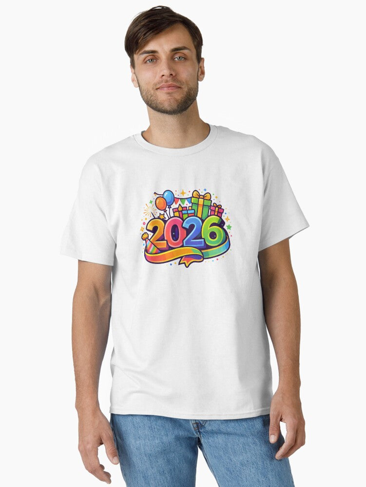 Colorful 2026 New Year Celebration Illustration with Gifts and Balloons Classic T Shirt T Shirt Viral TikTok Gift Ready