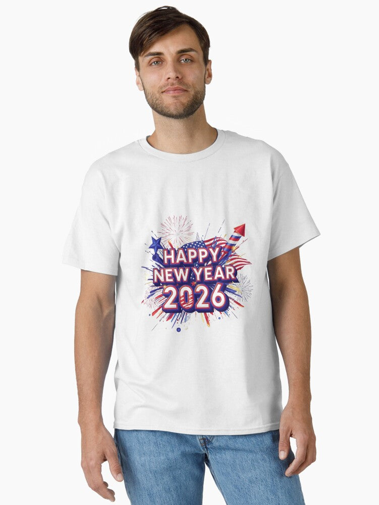 Happy New Year 2026 Patriotic Celebration Dynamic Red White Blue Fireworks Classic T Shirt T Shirt High Search Demand