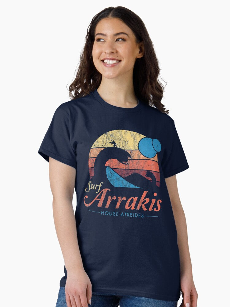 Visit Arrakis Vintage Distressed Surf Dune Sci Fi Classic T Shirt Women T Shirt High Search Demand Fan Favorite