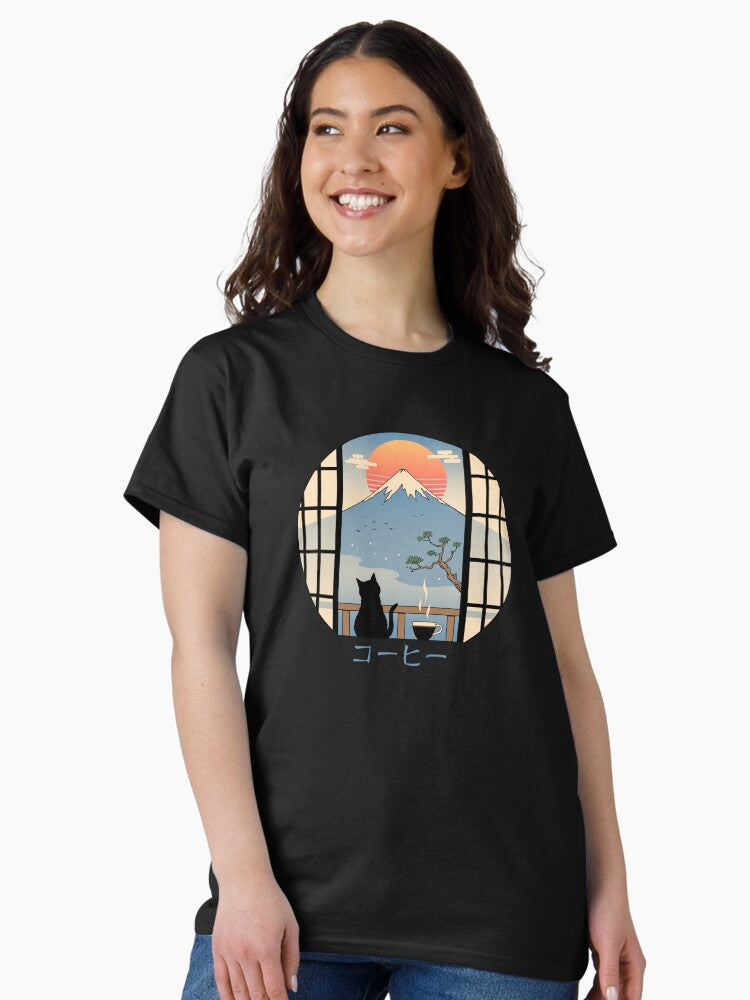 Coffee Cat in Mt Fuji Classic T Shirt Women T Shirt Premium Print Hot Right Now