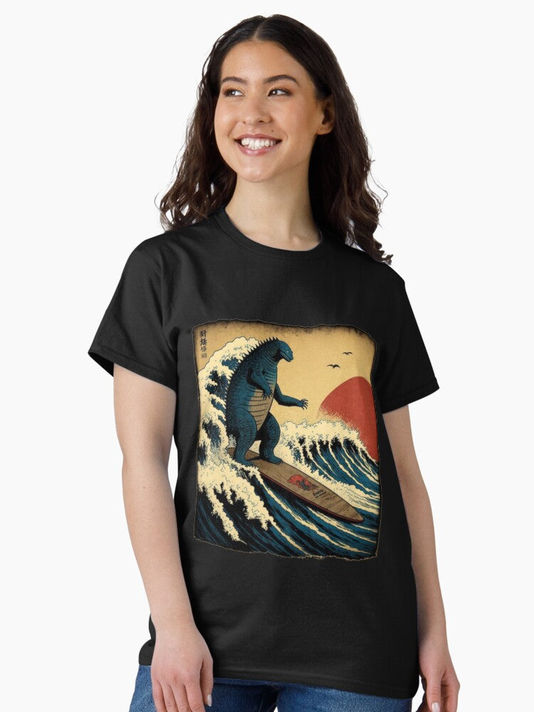 Godzilla Surfing The Great Wave by Hokusai Funny Parody Classic T Shirt Women T Shirt Streetwear Style Best Seller Look