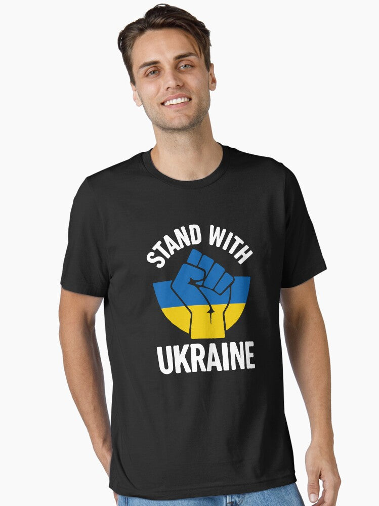Stand With Ukraine Pro Ukraine Activism Fist Graphic Ukrainian Flag Solidarity Freedom Support Design Essential T Shirt