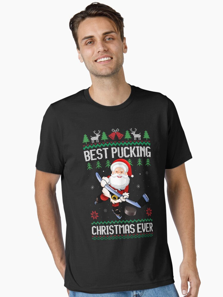 Funny Best Pucking Santa Claus Ugly Christmas Ice Hockey Essential T-Shirt | Premium Unisex T-Shirt, Trending Graphic Tee