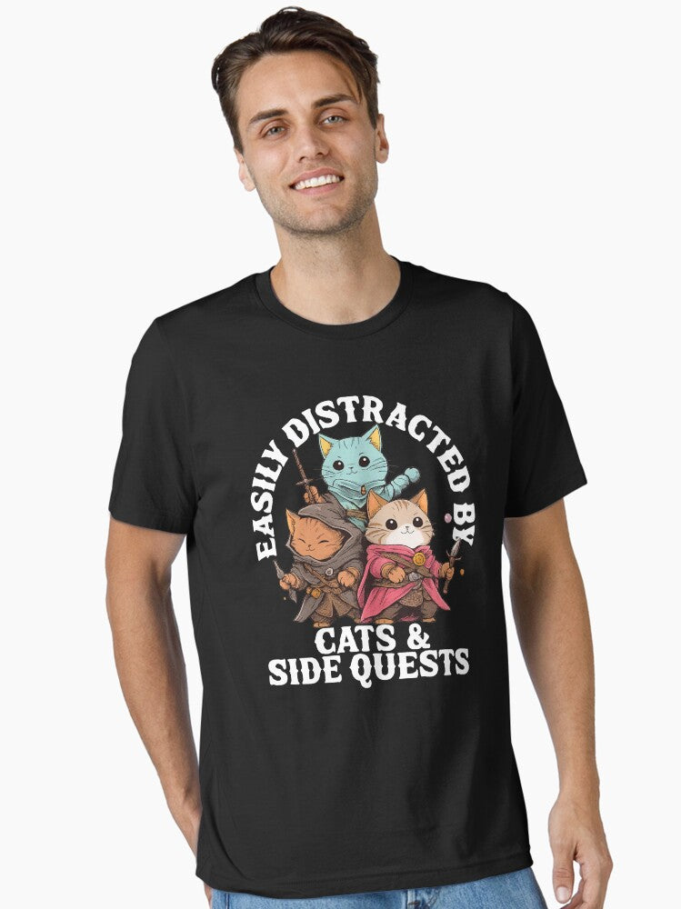 Easily Distracted by Cats and Side Quests Essential T-Shirt | Premium Unisex T-Shirt, Trending Graphic Tee