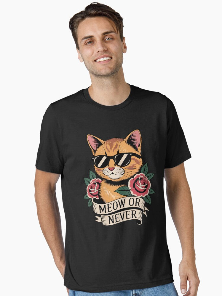 Greaser Rockabilly Cat Pun Meow or Never Cat Essential Shirt T Shirt Clean Design