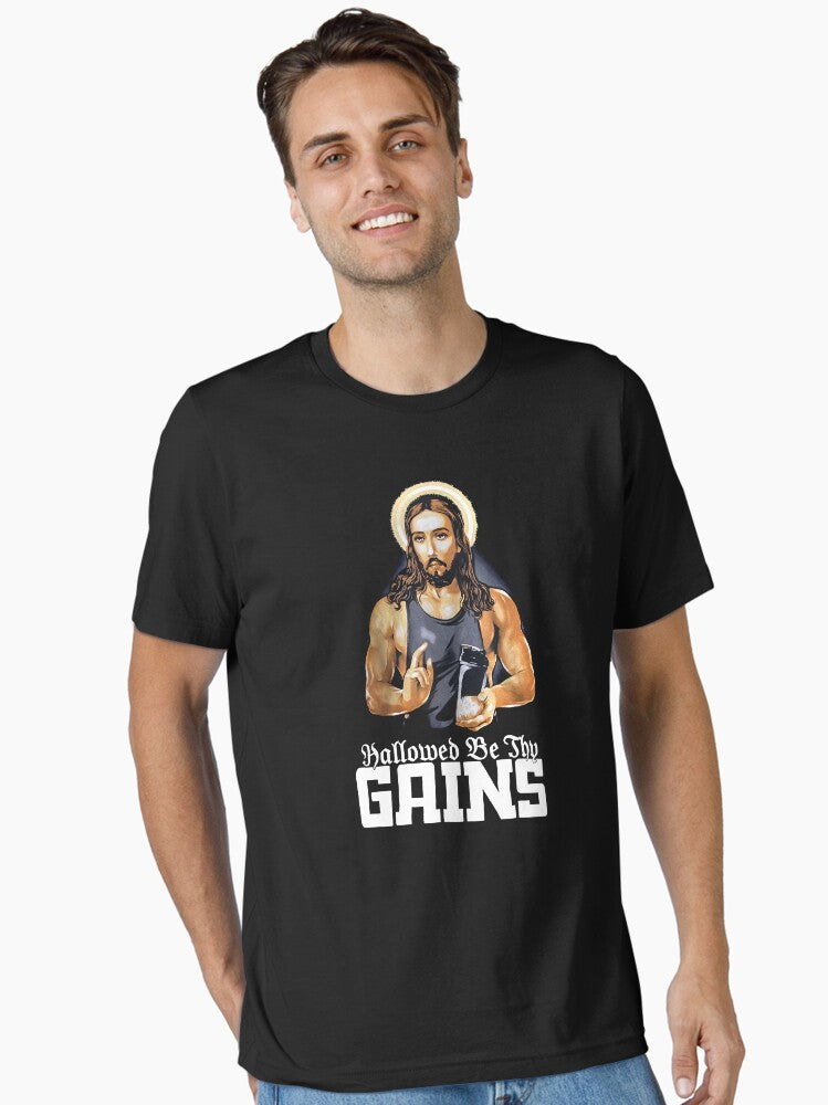 Hallowed Be Thy Gains Funny Muscle Jesus Weight Lifting Workout Humor Essential Shirt T Shirt Minimal Style