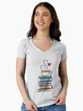 Cup of Tea and Books T Shirt Cute Gift for Book Lovers Fitted V Neck T Shirt T Shirt High Search Demand Fan Favorite