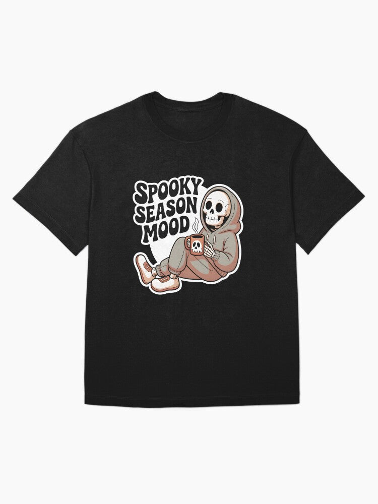 Spooky Season Mood Skeleton Drinking Coffee Cozy Halloween Coffee Lover Design Oversized T Shirt