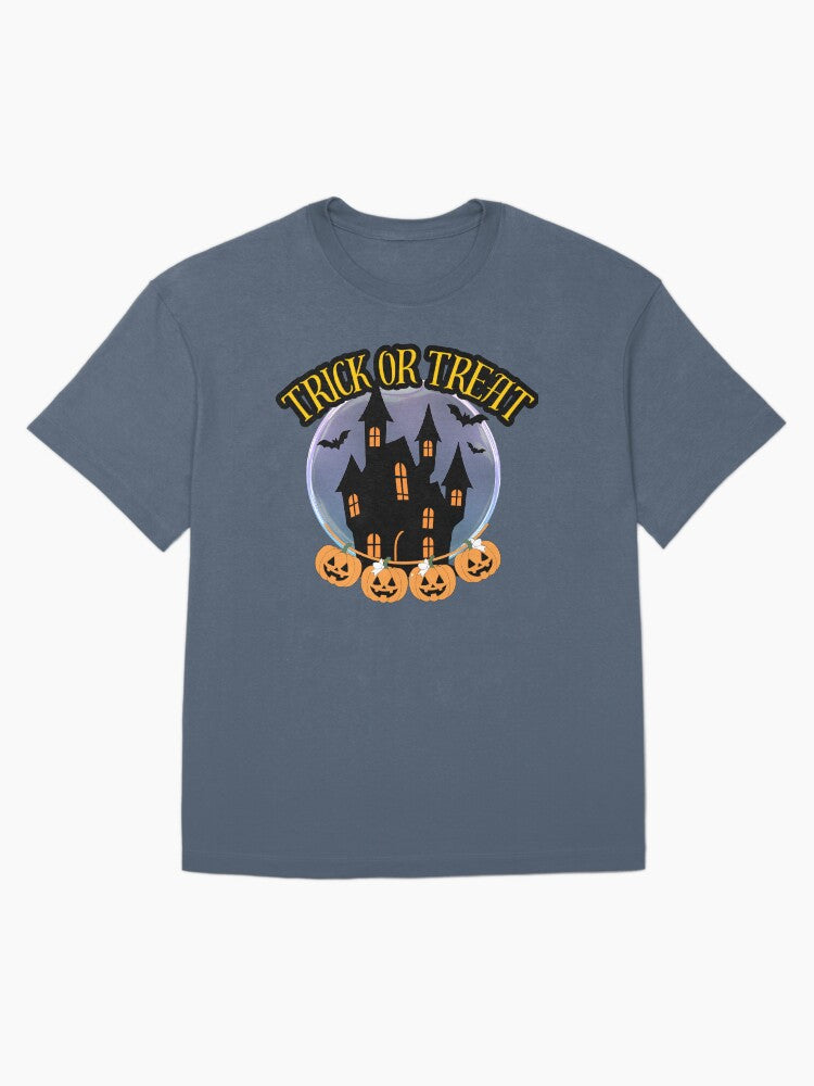 Trick Or Treat Haunted Castle Halloween Design Oversized T Shirt Clean Design