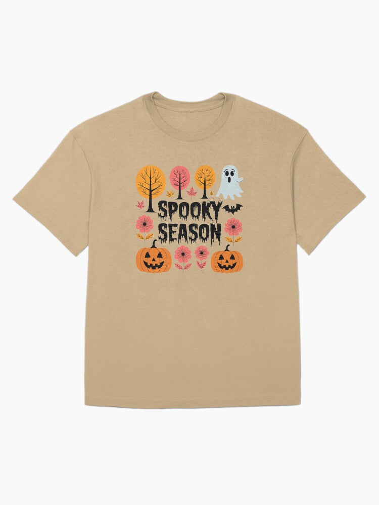 Spooky Season Ghostly Halloween Pumpkins And Autumn Leaves Design Oversized T Shirt
