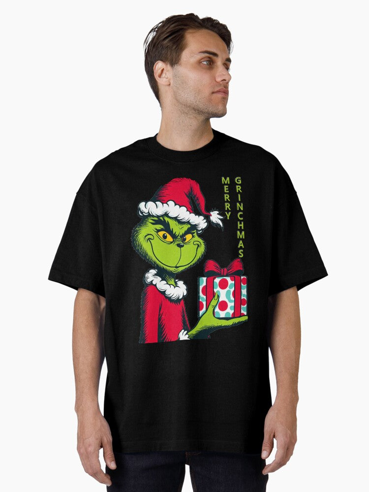 Merry Grinchmas Grinch With A Christmas Gift Oversized T Shirt T Shirt Holiday Trending Christmas Season Pick