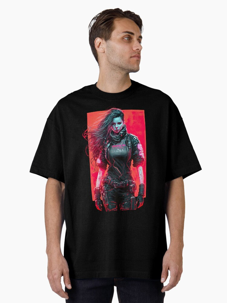 Cyberpunk Girl On Red Neon Background Oversized T-Shirt | Premium Unisex T-Shirt, Trending Graphic Tee