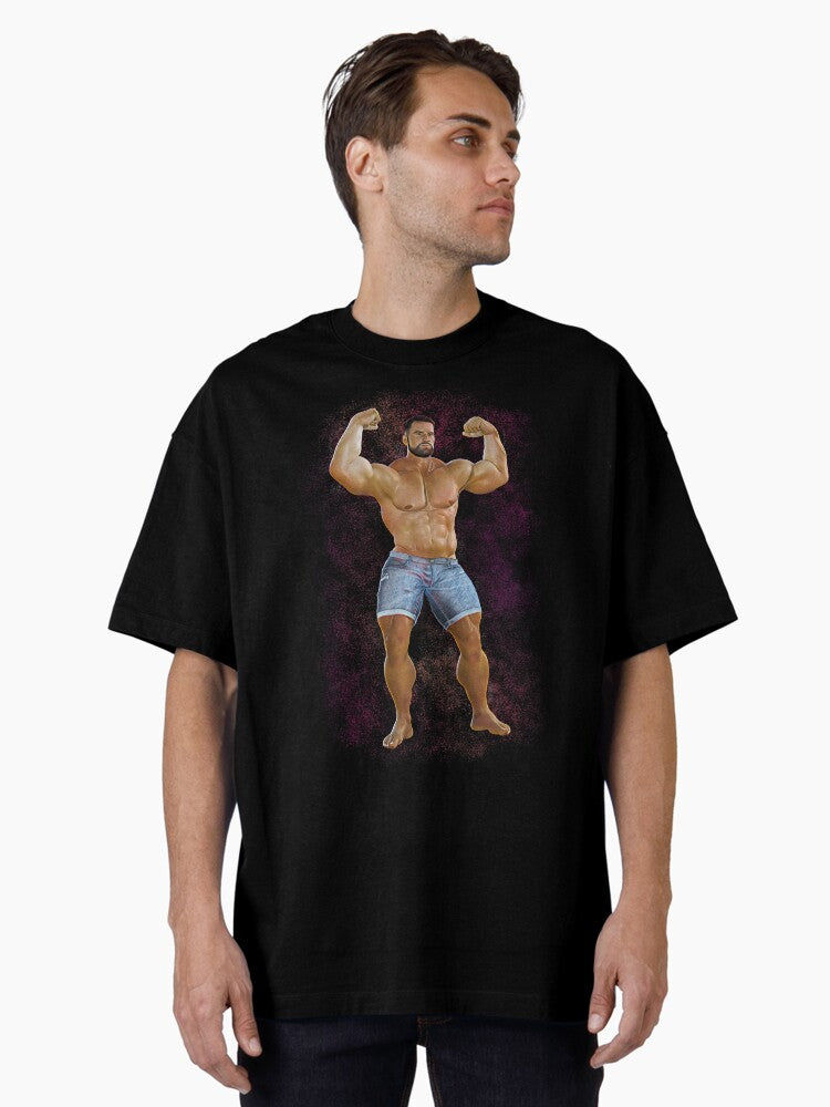Muscle Dom Daddy Flexing in Jeans Shorts Oversized Shirt Shorts Clean Design