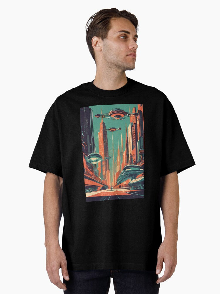 Retro Futurism City Oversized T-Shirt | Premium Unisex T-Shirt, Trending Graphic Tee