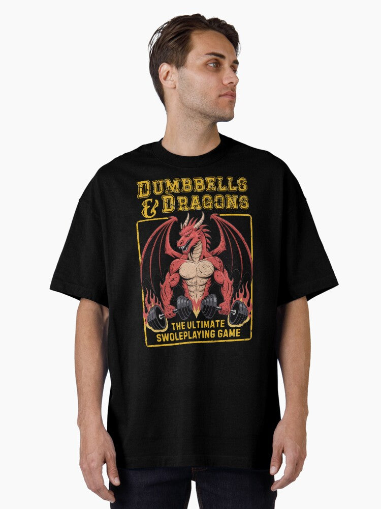 Funny ttrpg dnd gym workout Dumbbells and Dragons Oversized T-Shirt | Premium Unisex T-Shirt, Trending Graphic Tee