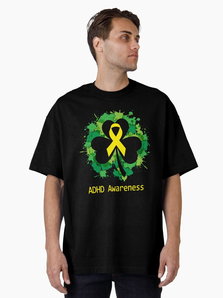 ADHD Awareness Clover Ribbon Happy Patricks Day Support ADHD Warrior Gifts Oversized T-Shirt
