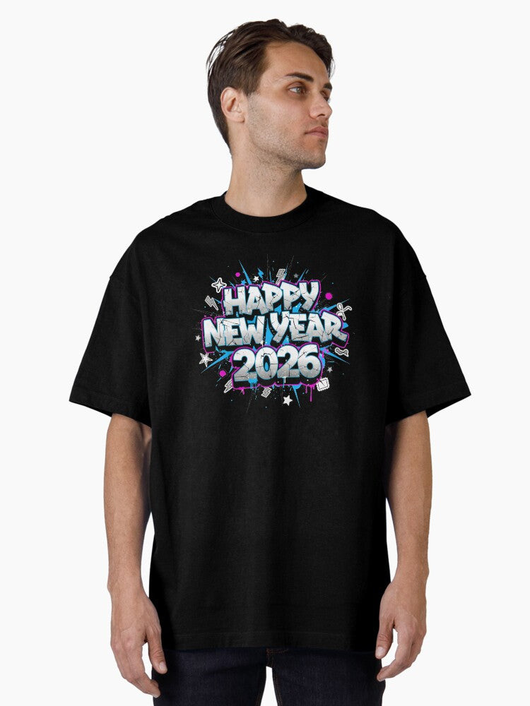 Neon Happy New Year 2026 Oversized T Shirt T Shirt Streetwear Style Best Seller Look