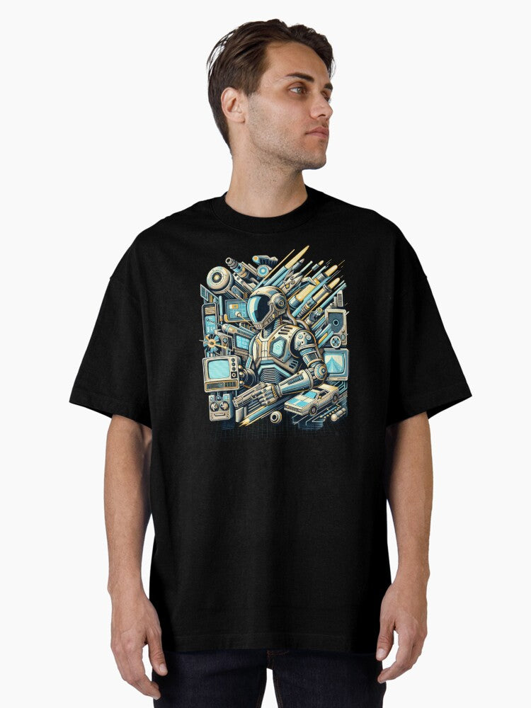 Retro Futurism Robot Surrounded by Technology Oversized T-Shirt | Premium Unisex T-Shirt, Trending Graphic Tee