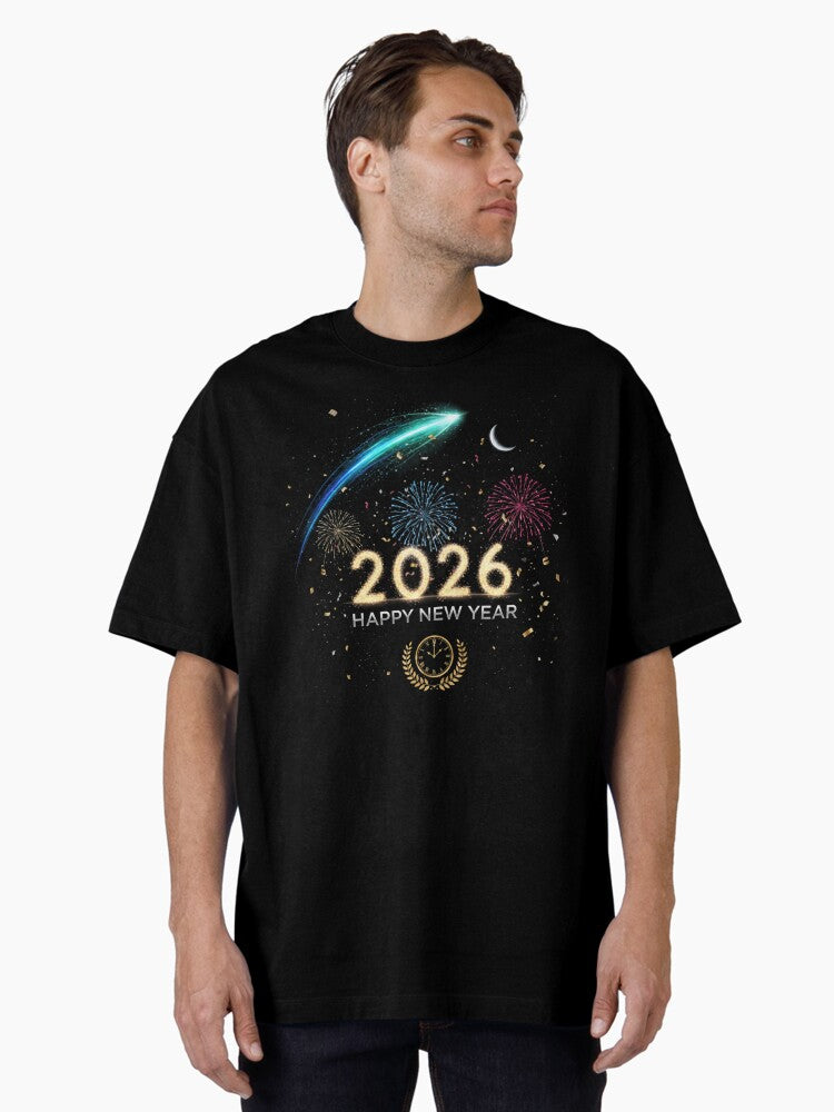 Happy New Year 2026 Glitter Sparkle Celebration Futuristic Party Night Graphics 2026 Oversized T Shirt T Shirt