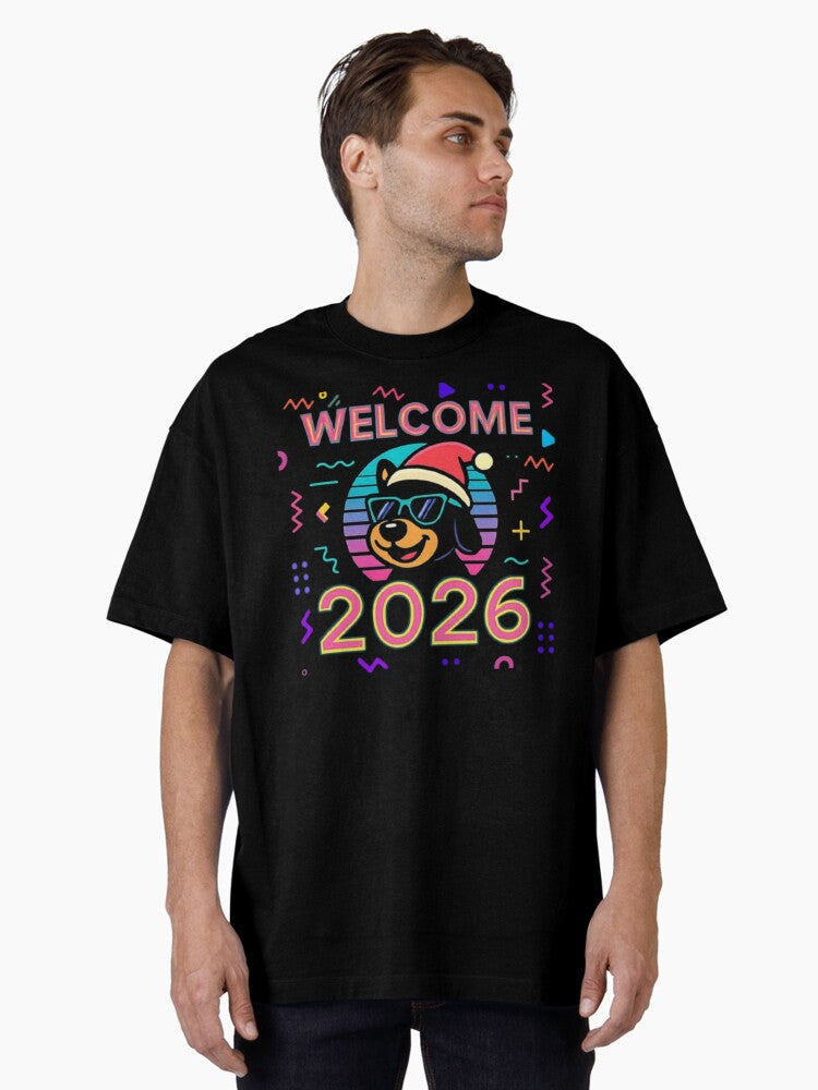 WELCOME 2026 Retro Santa Dog Neon Holiday New Year Design Oversized T Shirt T Shirt High Search Demand Gift Ready