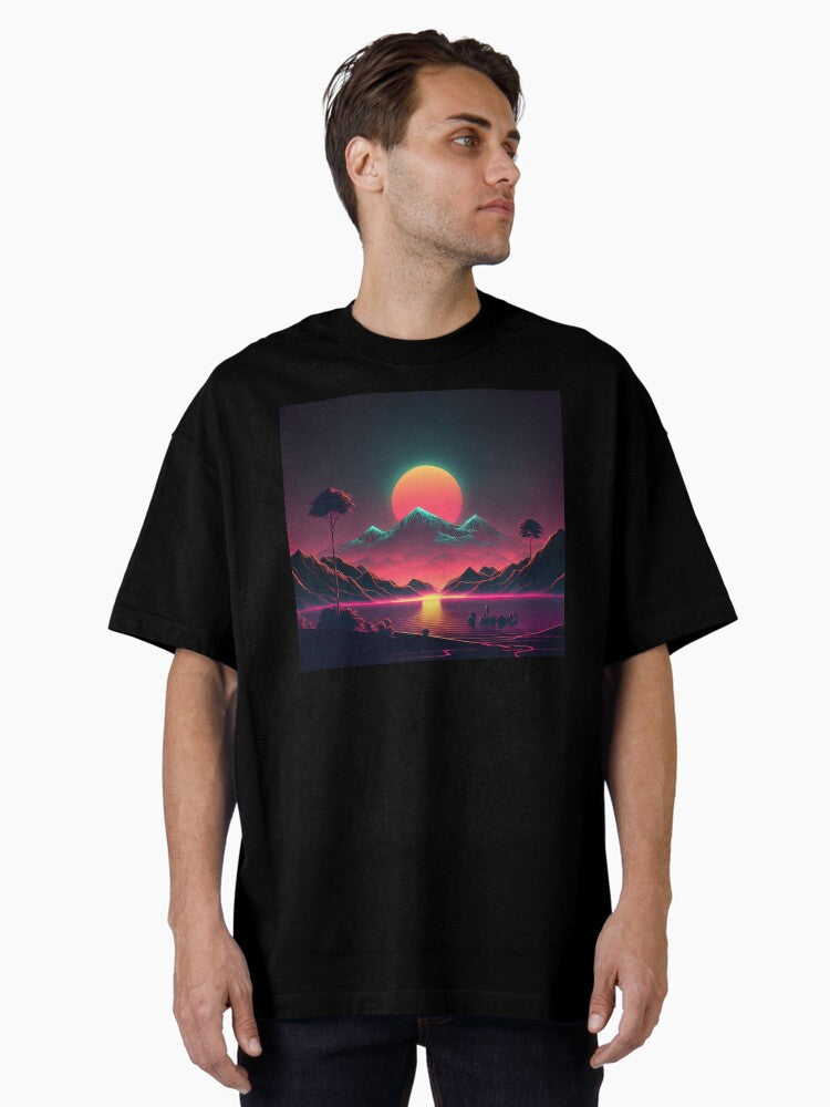 A Mountain Sunset in the Retro-Future Oversized T-Shirt | Premium Unisex T-Shirt, Trending Graphic Tee