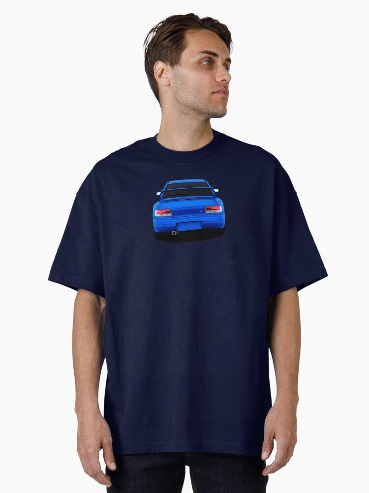 Rear of Blue Rally Bred Japanese Car Oversized T Shirt T Shirt Streetwear Style Hot Right Now