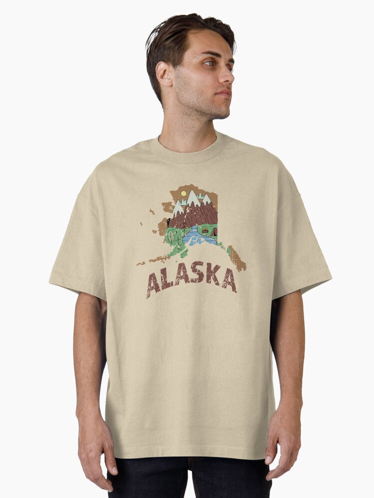 Alaska Decorative State Map Shape with Mountain Camp Site (US States Collection, Distressed Style)