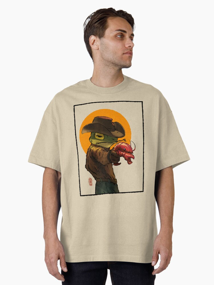 gunslinger cowboy western frog with pistol shrimp crawdad artwork drawing with frame Oversized T-Shirt | Premium Unisex T-Shirt, Trending Graphic Tee