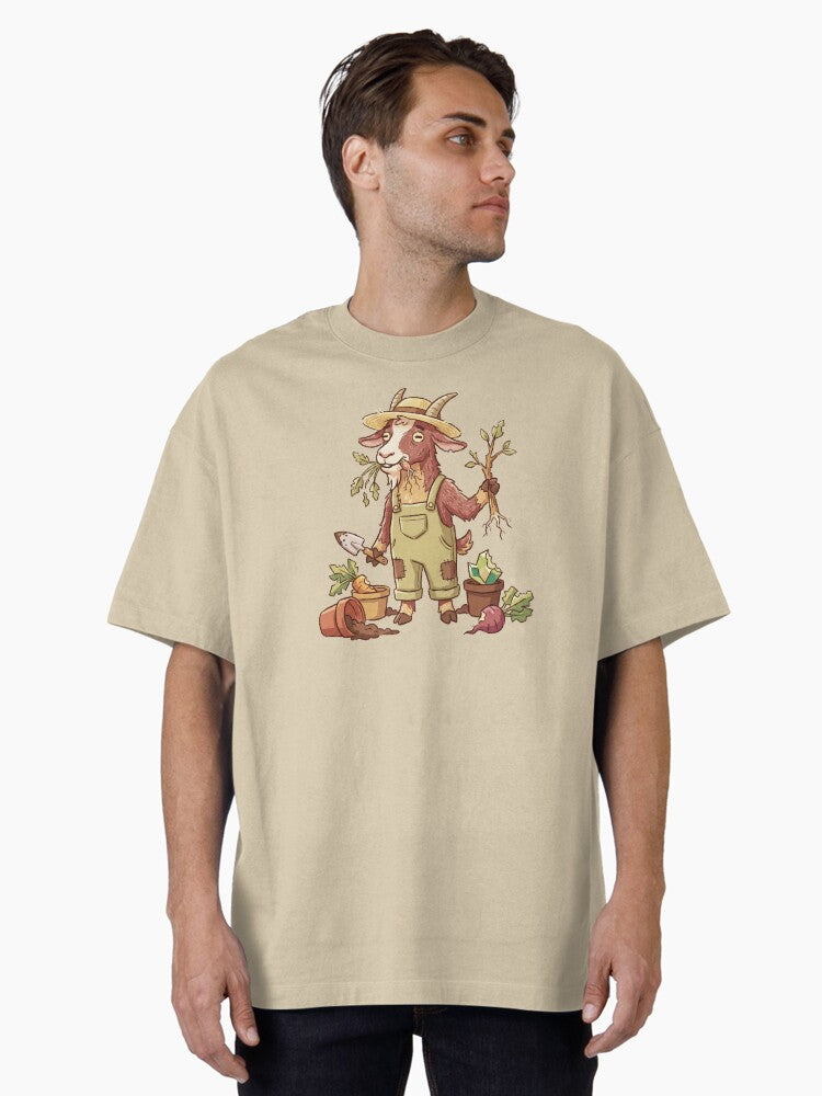 Gardener Goat in Overalls, Funny Farm Animal Eating Plants