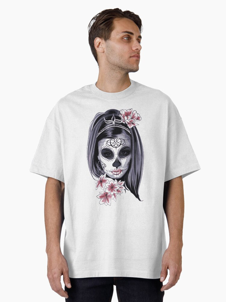 Female Sugar Skull Graphic Halloween Mardi Gras or Day of the Dead or Skull Fanatics Oversized Shirt T Shirt