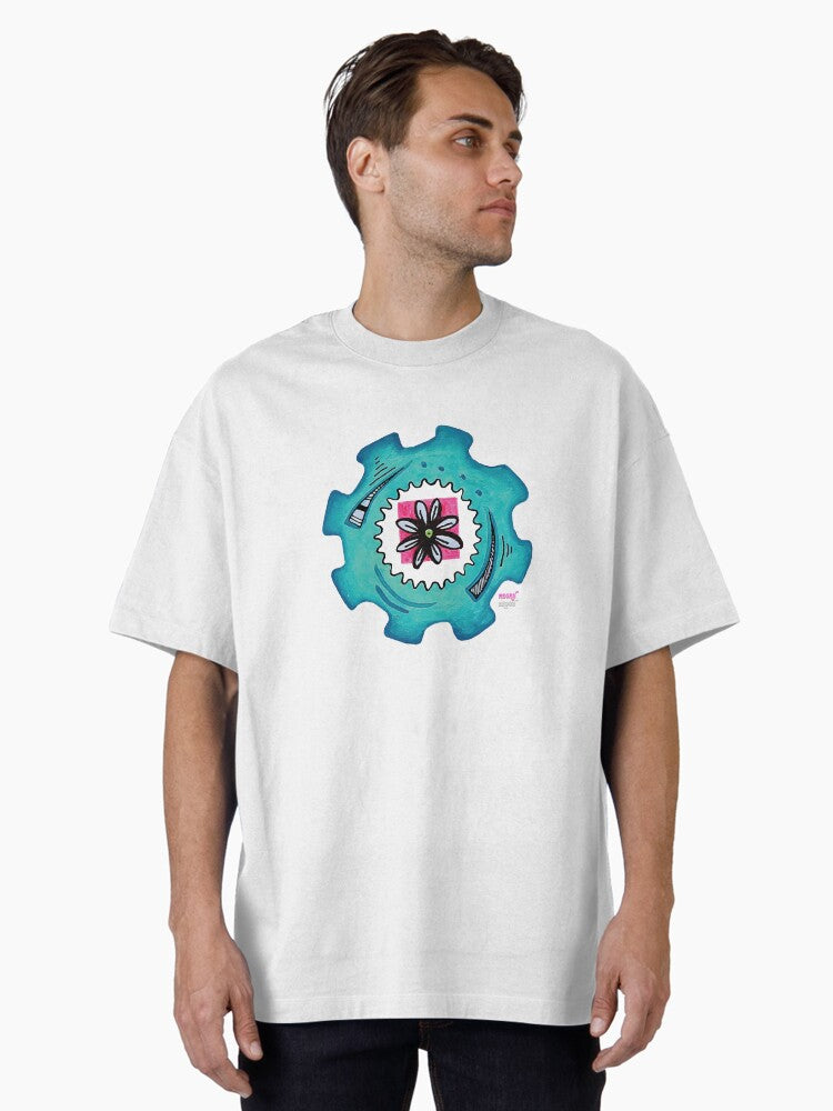 Floral Aqua Pink Flower Doodle Gears Geartopia Gear Art by MeganAroon Oversized T Shirt T Shirt Premium Print Limited Dr