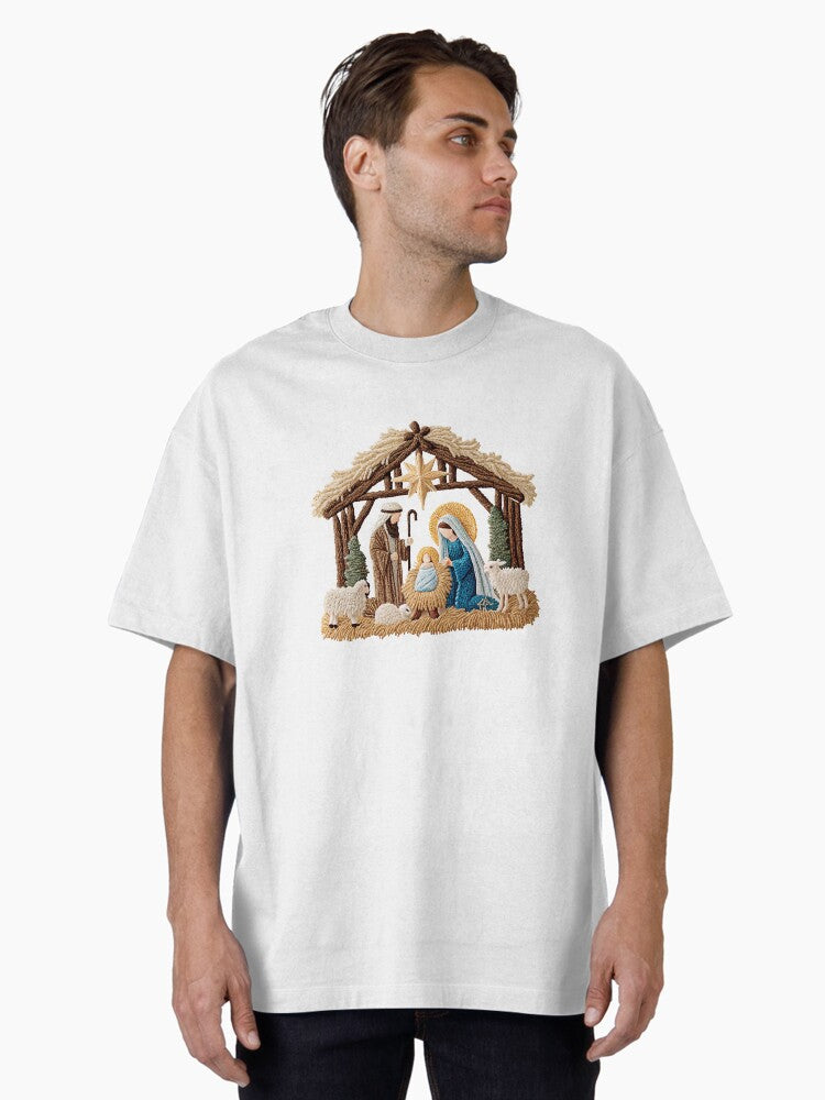 Handmade Nativity Scene with Yarn and Texture Nativity Scene Oversized Shirt T Shirt Gift Ready
