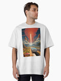 Retro futurism art sky train Oversized T-Shirt | Premium Unisex T-Shirt, Trending Graphic Tee